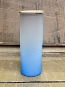 25 oz Glass Frosted Blue Sublimation Tumbler w/bamboo lid